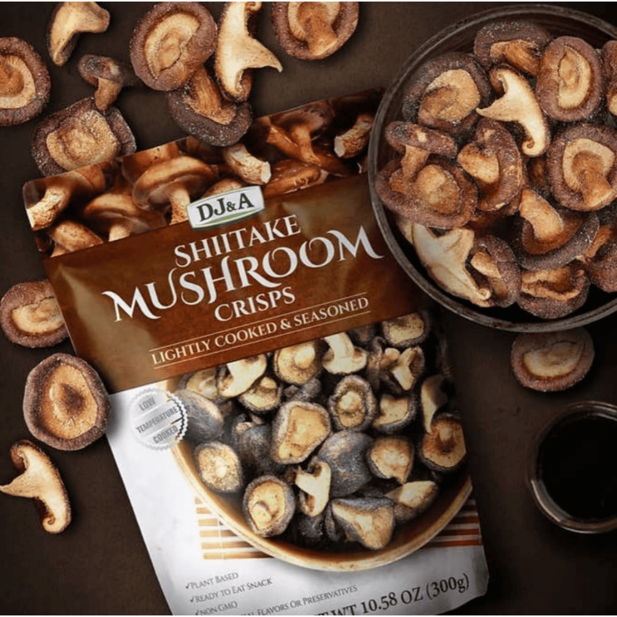 DJ&A Shiitake Mushroom Crisps, Lightly Cooked & Seasoned, 10.58 oz, 3-Pack, Plant-Based Snack