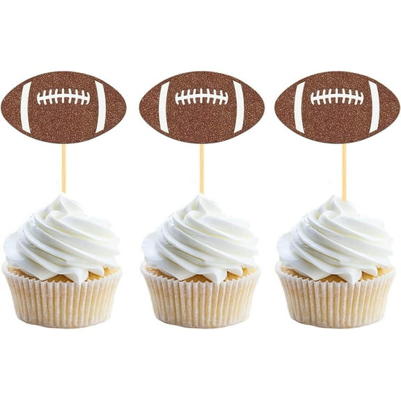 12pc Glitter Football Cupcake Toppers for Football Party, Baby Shower Decorations