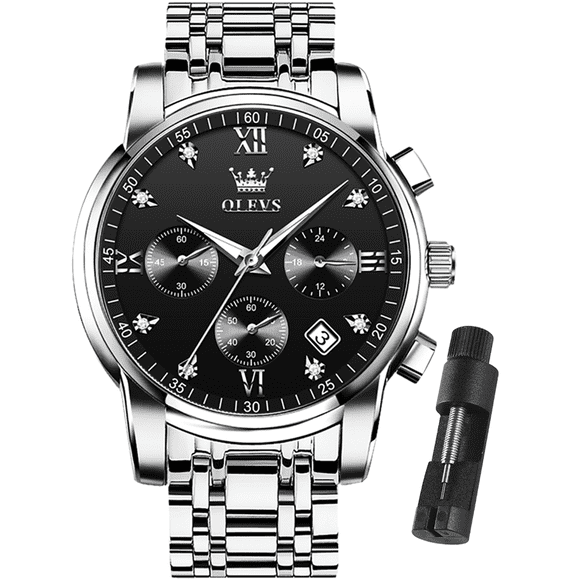 Montres Argentées pour Hommes OLEVS Montre Homme Cadran Noir Montres de Luxe pour Hommes Montre Homme en Acier Inoxydable Montre Habillée Montre Étanche pour Hommes
