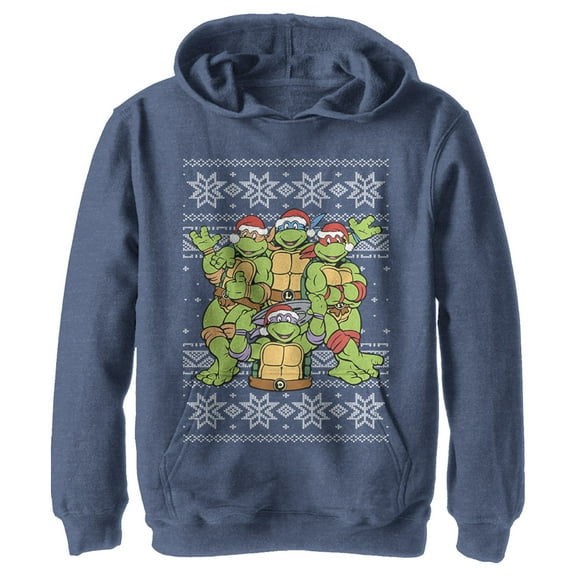 Boy's Teenage Mutant Ninja Turtles Ugly Christmas Sweater  Pull Over Hoodie Navy Blue Heather Small