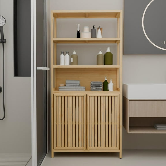 Keepoman 38inch Bamboo Wood Cabinet with tall double-door and high-capacity, Storage Cabinet for Living Room, Kitchen, Entryway, Wooden
