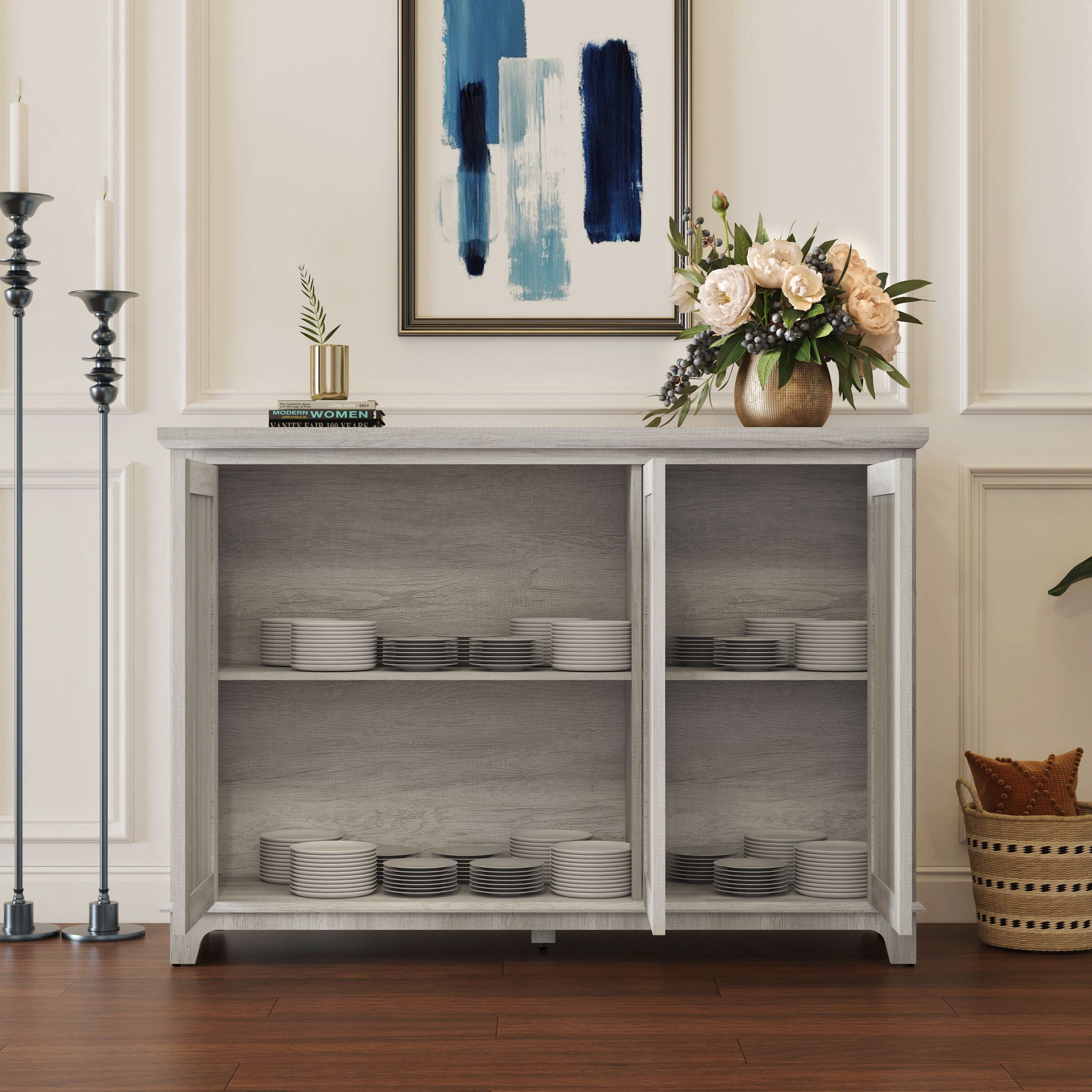 GDF Studio Danus 3-Door Acrylic Mirrored Sideboard Cabinet, Rustic Hollow-Carved Storage Cupboard for Kitchen, Light Gray