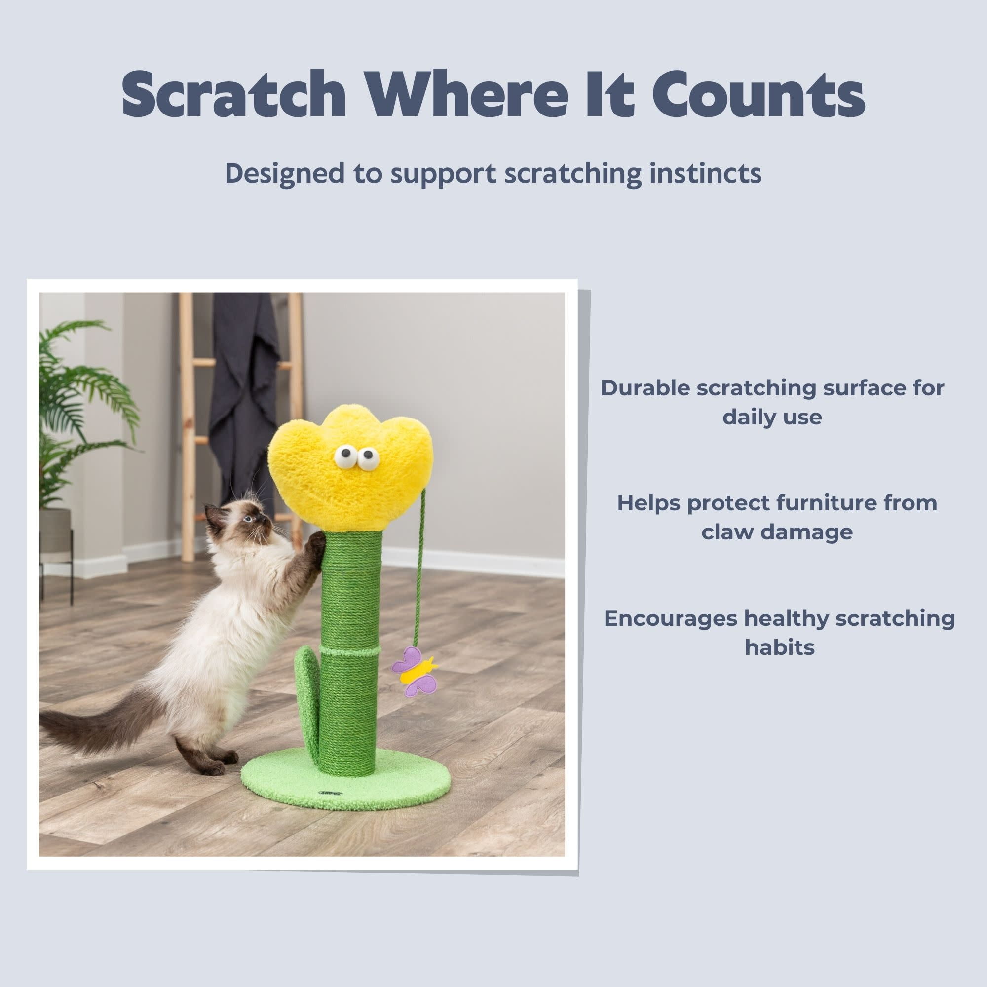 TRIXIE Lillian 22 Inch Jute Cat Scratching Post, Whimsical Cat Tree with Dangling Toy, Green/Yellow