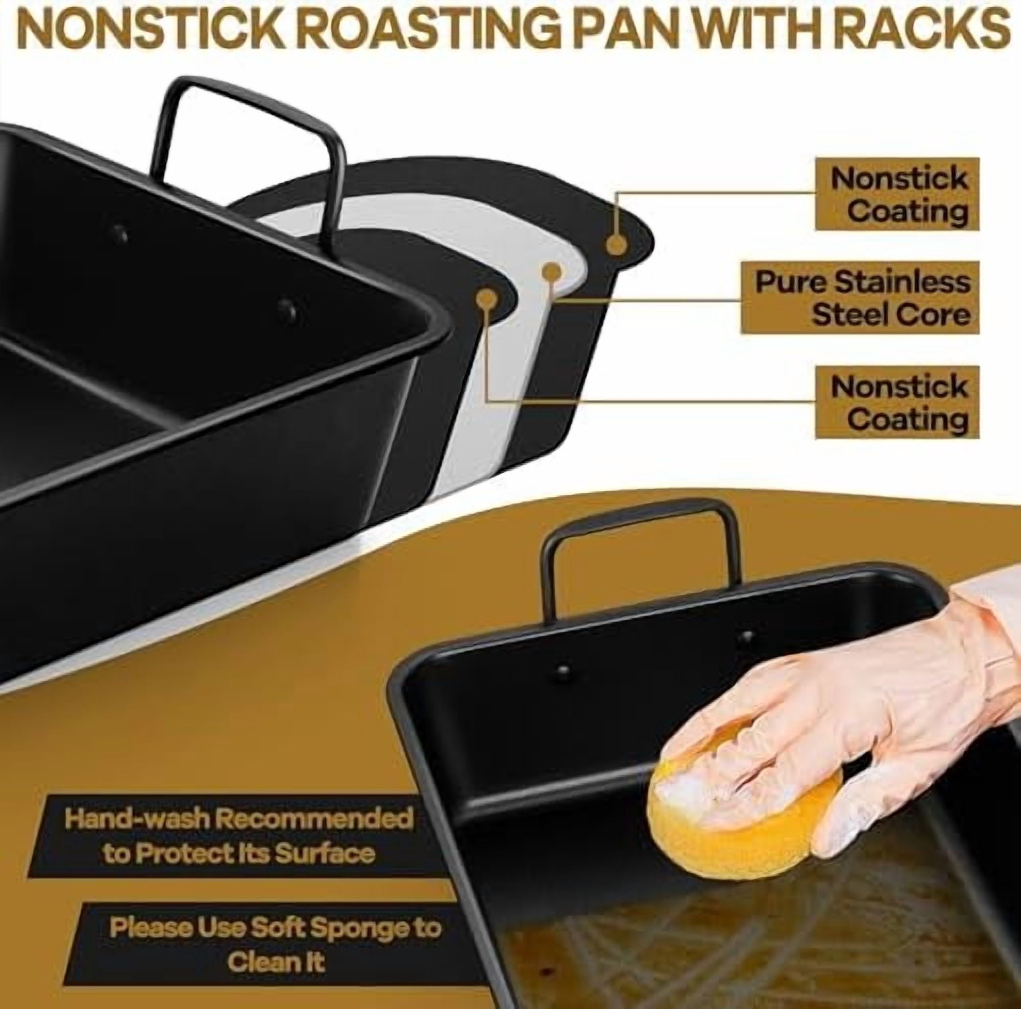 16" Roaster Roasting Pan with Baking Rack and V-shaped Rack, Stainless Steel Rectangular Lasagna Pan with Handles for Turkey Chicken, Healthy & Dishwasher Safe, 3 Pieces, Black