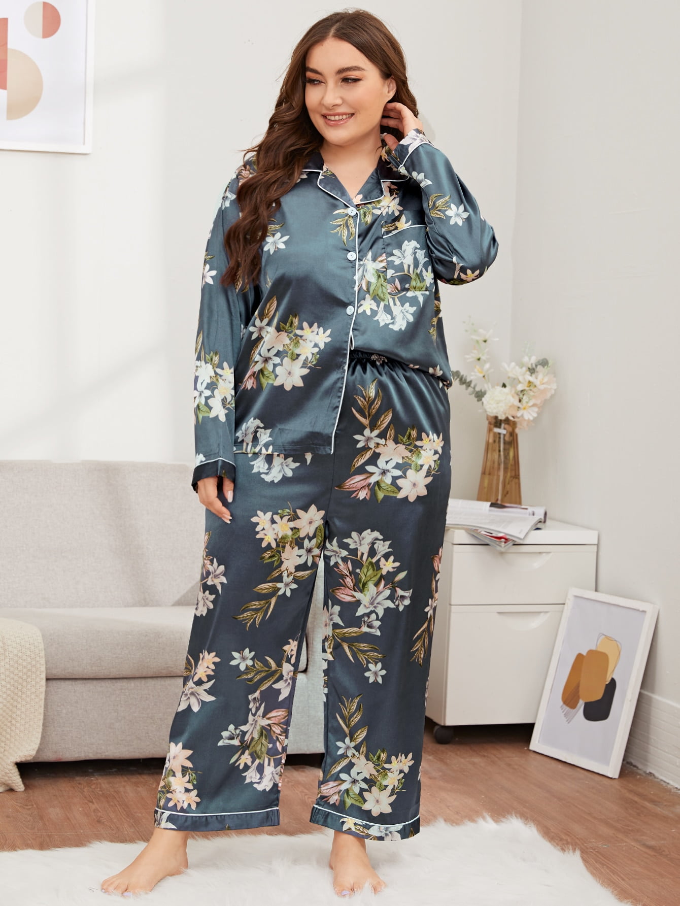 Women's Floral Silk Satin 3 Pcs Pajamas Set with Robe and Pants 2XLarge Black
