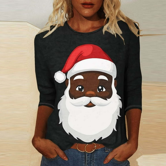 AGWOLF Santa Print Christmas Sweatshirt for Women Fun African American Snata Print Cute Pullover 3/4 Sleeve Crewneck Xmas Tops