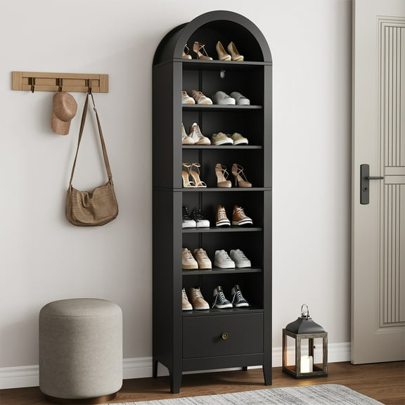 Arched Cabinet, 71" Tall Kitchen Pantry Cabinet, 8 Tiers Arched storage Cabinet with Doors and Shelves, Bookcase for Entryway, Hallway, Living Room, Black