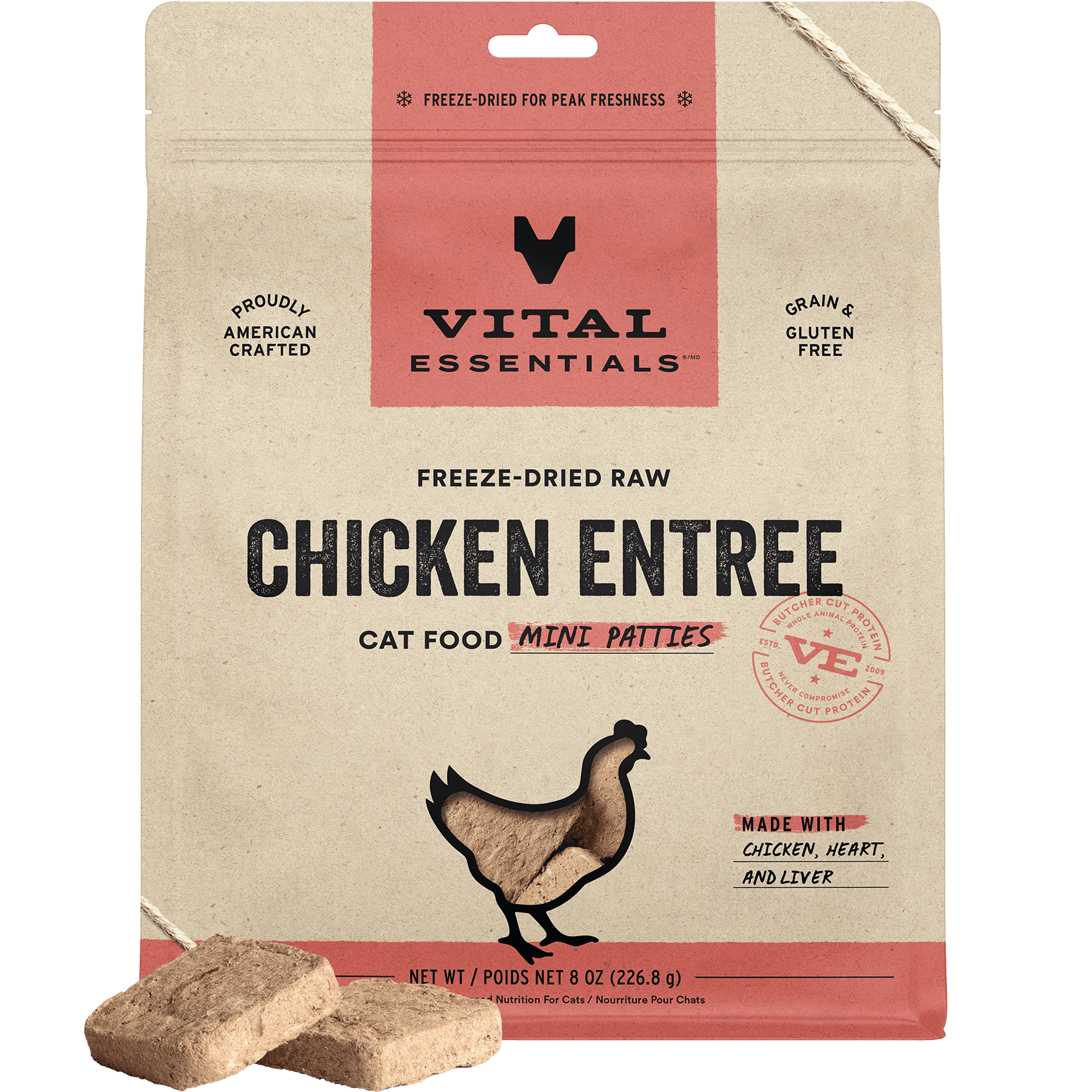 Vital Essentials Freeze Dried Cat Food, Raw Chicken Mini Patties | Complete Meal or Topper | Easy to Portion and Rehydrate | High Protein, Grain Free Dry Cat Food | 8 oz bag