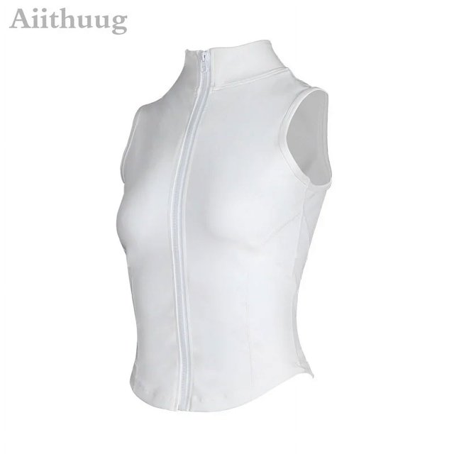 Aiithuug-Chaleco atlético con cremallera para mujer, chaqueta sin mangas para correr, Yoga, camisetas de cuello alto, Top deportivo, Tops de entrenamiento para Fitness