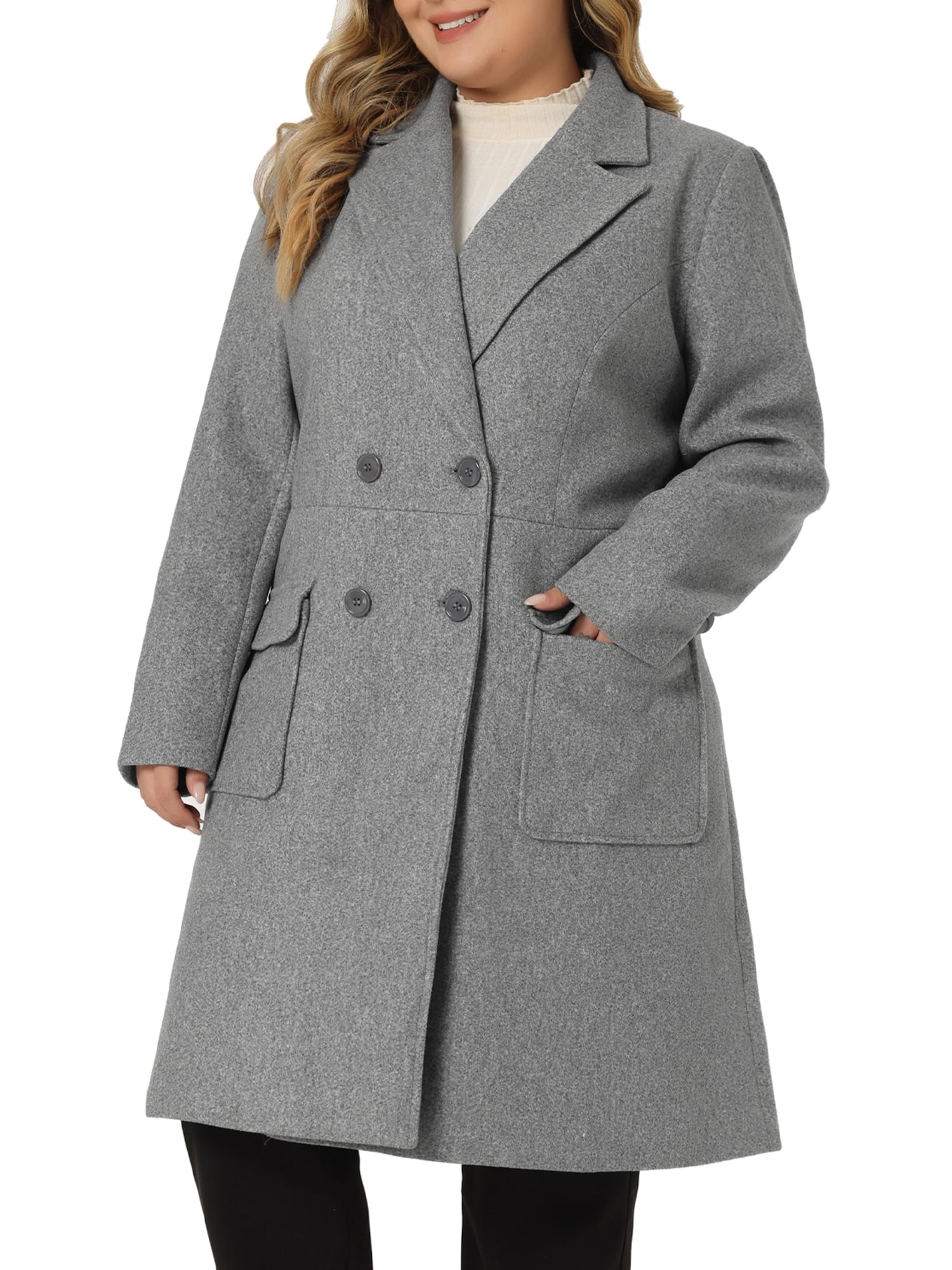 Unique Bargains Women's Plus Notched Lapel Double Breasted Long Coat Gray 3X