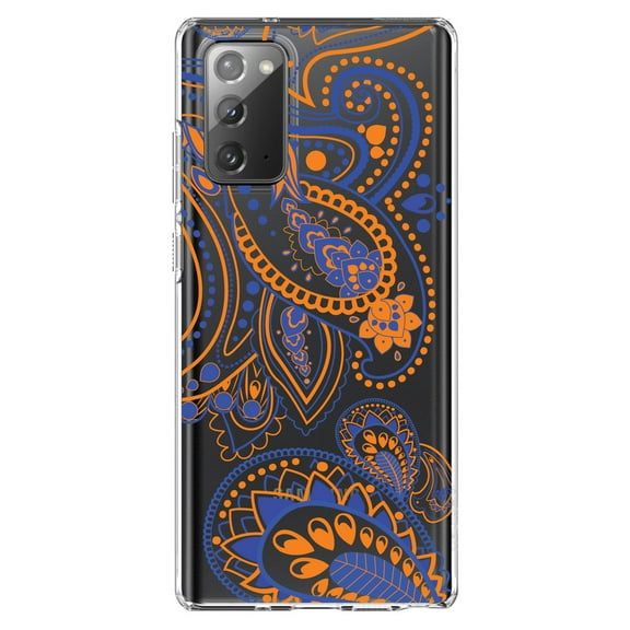 DistinctInk Clear Shockproof Hybrid Case for Galaxy Note 20 ULTRA (6.9" Screen) - TPU Bumper, Acrylic Back, Tempered Glass Screen Protector - Orange and Blue Paisley