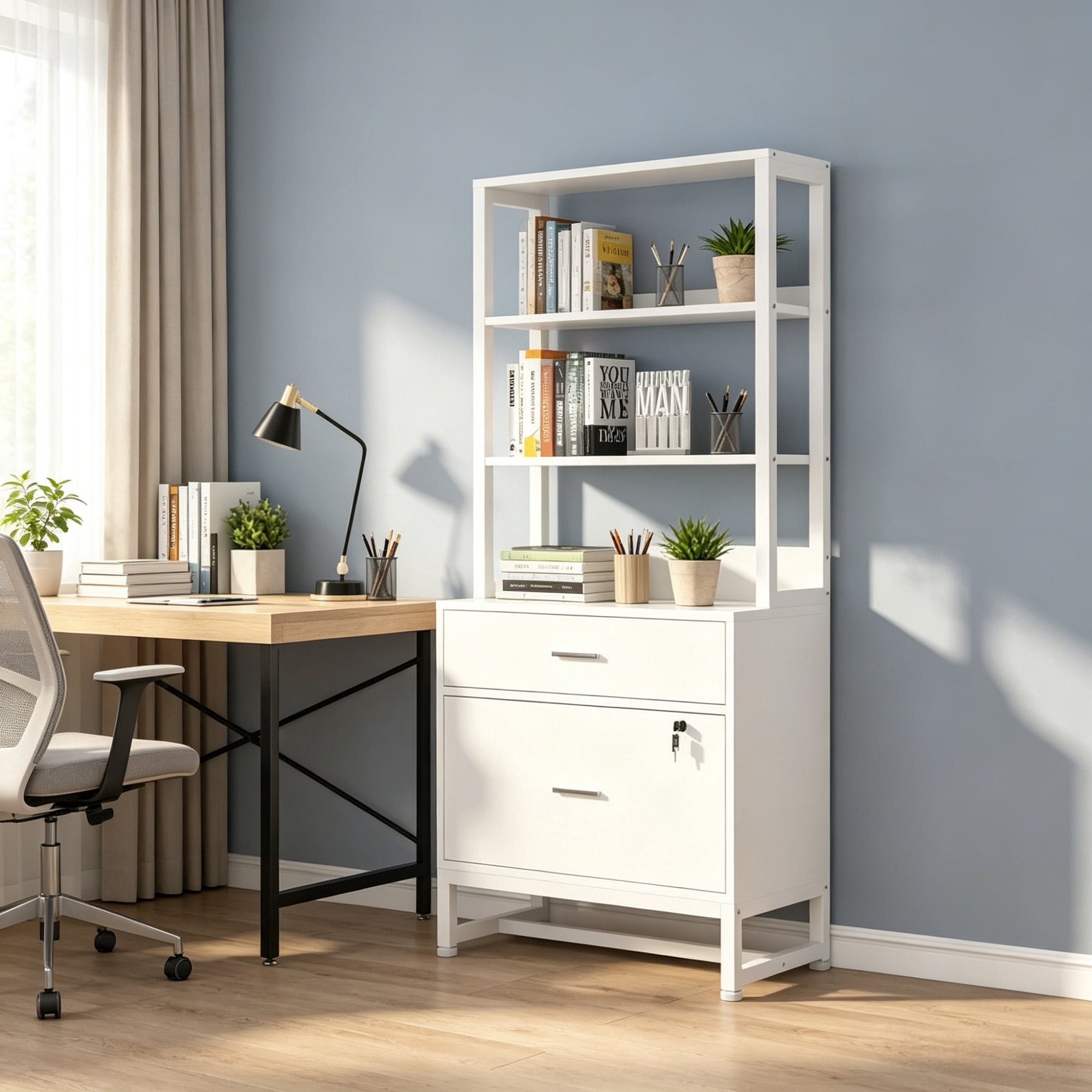 Vertical File Cabinet, 2-Drawer Filing Cabinet with Open Storage Shelves, 38.39 in x 17.72 in x 11.42 in