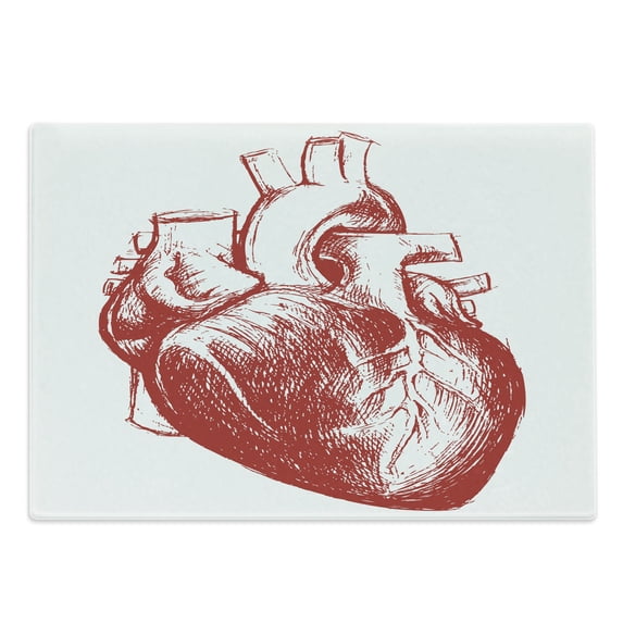 Human Heart Cutting Board, Warm Tone Monochromatic Realistic Sketch of Cardio Organ Anatomy Print, Decorative Tempered Glass Cutting and Serving Board, in 3 Sizes, by Ambesonne