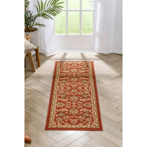 Well Woven Non-Skid/Slip Rubber Back Antibacterial 8x10 (7'10" x 9'10") Area Rug Timeless Oriental Red Traditional Classic Sarouk Thin Low Pile Machine Washable Indoor Outdoor Kitchen Hallway Entry