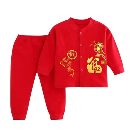 

Binhe Long Sleeve Red Text Print Buttons Top + Solid Colour Elasticated Waistband Pants Baby Boy New Year s Outfit for Boys or Girls Comfortable and Stylish for Fall Winter Indoor and Outdoor Wear