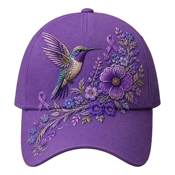 Unisex Purple Floral Hummingbird Print Alzheimer's Awareness Support Hat Floral Purple Ribbon Pansy Hat