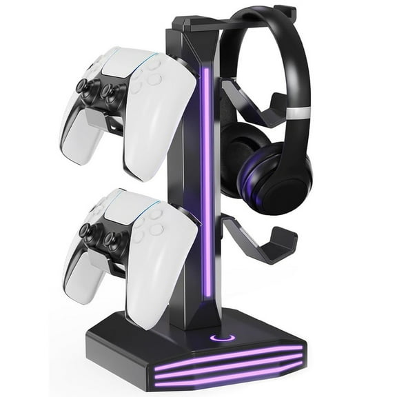 RGB Game Controller Holder, Rotatable Headphone Stand with USB Ports, Detachable Controller Hook Stand Headset Hanger for Gaming Accessories Storage - Black