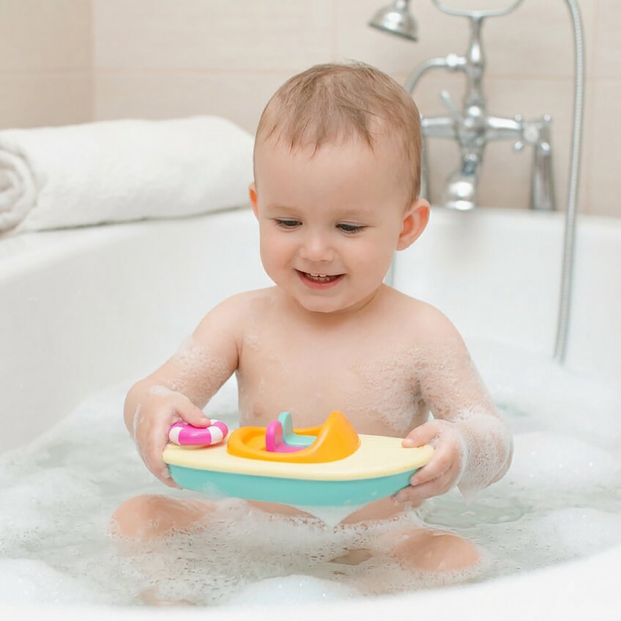 Buddy & Barney: Bath Time Race Boat - Wind-Up & Go Toy, Yellow-Pink-Green Floating Speed Boat, Sensory Exploration, Water & Tub Play, Kids Toddlers 1+
