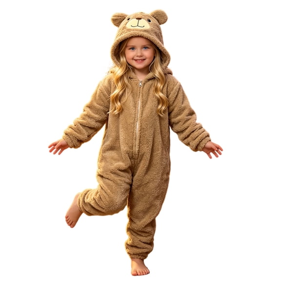 Coerni Unisex Kids Bear Onesie Soft Flannel Fleece Zipper Jumpsuit 3D Animal Hood Boys Girls Fall Winter Cozy Loungewear