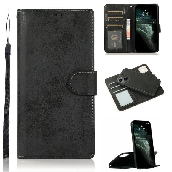 Allytech Case for iPhone 13 Mini 2021, 2-in-1 Magnetic Detachable Wallet Folio Vegan PU Leather Protective Card/Cash Slot Folding Stand Cover with Hand Rope for iPhone 13 Mini 5G 5.4" 2021, Black