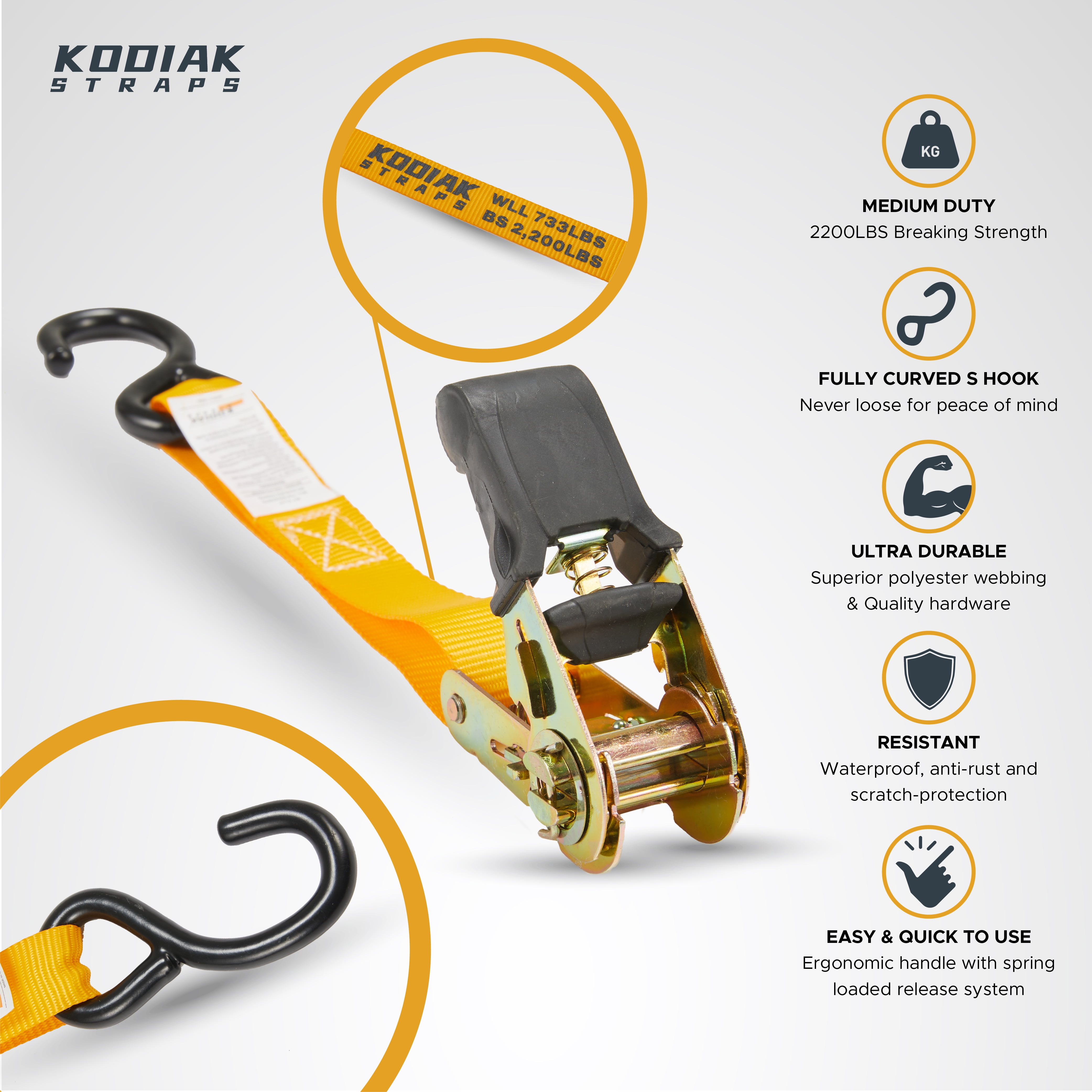 KODIAK STRAPS Ratchet Straps Heavy Duty Tie Down Strap Set 2200 Break Strength – 1" x 17' 4pk with Soft Loops Cargo Truck Bed Tie Downs – Coated Deep S-Hook & Carry Bag for Moving, Securing Cargo…