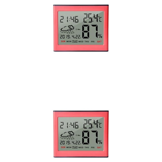 Billuyoard Termómetro Higrómetro ajustable Detector colgante Fecha Reloj Plástico Operado Temperatura Humedad Medidor naranja rosa 2Conjunto