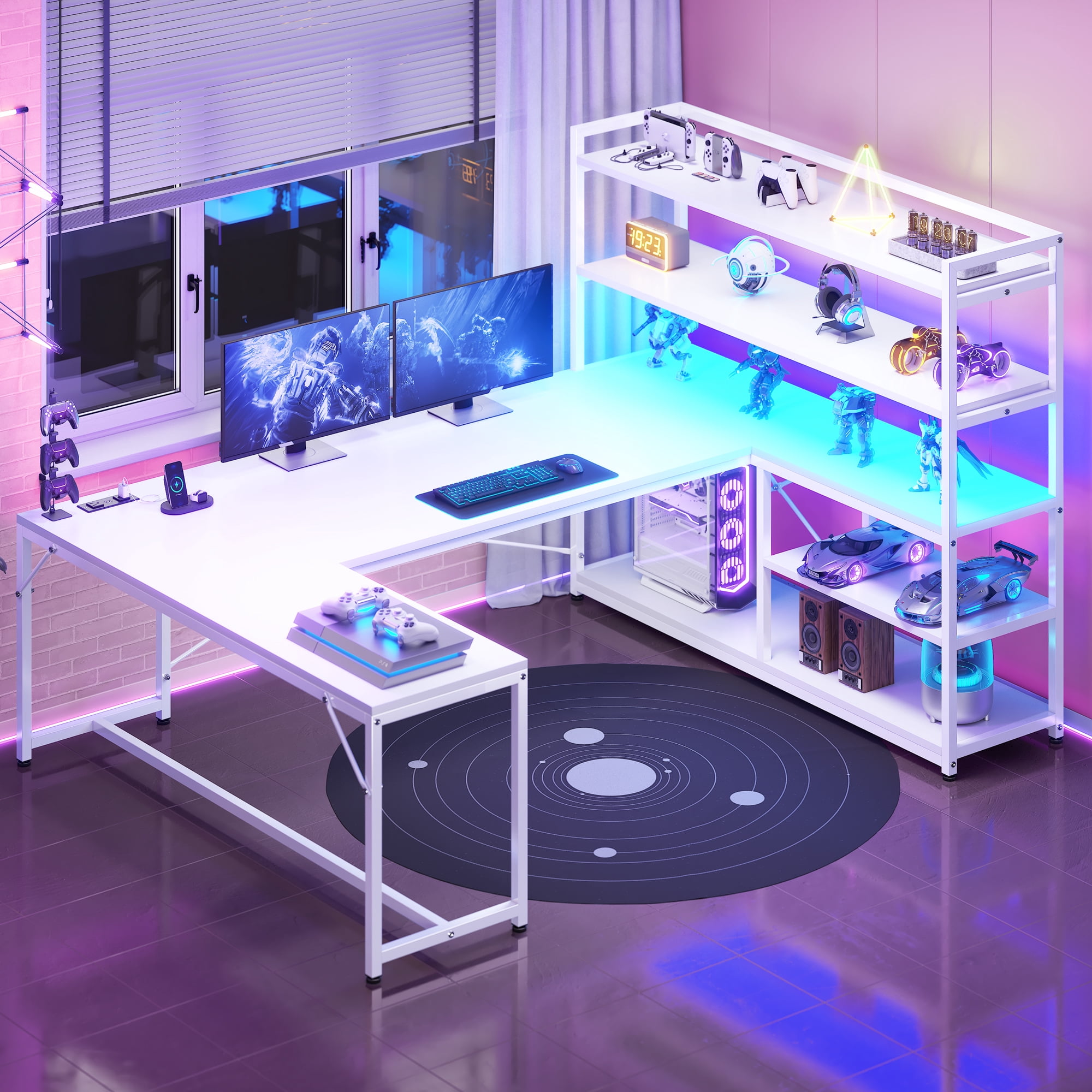 63 Inch U-Shaped Desk with Power Outlet & LED Lights, Reversible Gaming Desk with 5-Tier Storage Shelves, Computer Desk with Spacious Desktop, Corner Desk for Home Office, White