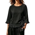 thumbnail image 2 of thefmos Women's Fall 3/4 Sleeve Ruffle Blouses Round Neck Drawstring Ruched Tops Casual Boho Pullover Shirts Solid Fashion Clothes for Vacation, Black L, 2 of 6
