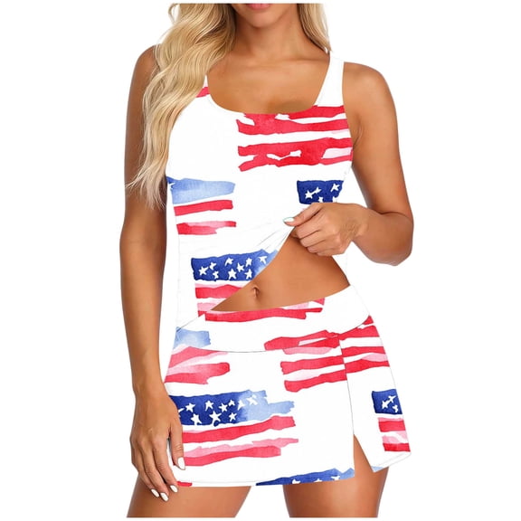 XUNKUSGA 250 Anniversary USA 3 Piece Swimsuits For Women Tank Top,Swim Skirt and High Waisted Bikini Bottom Tankini Swimsuits Sets 4Th Of July Outfits for Women,Gold,S