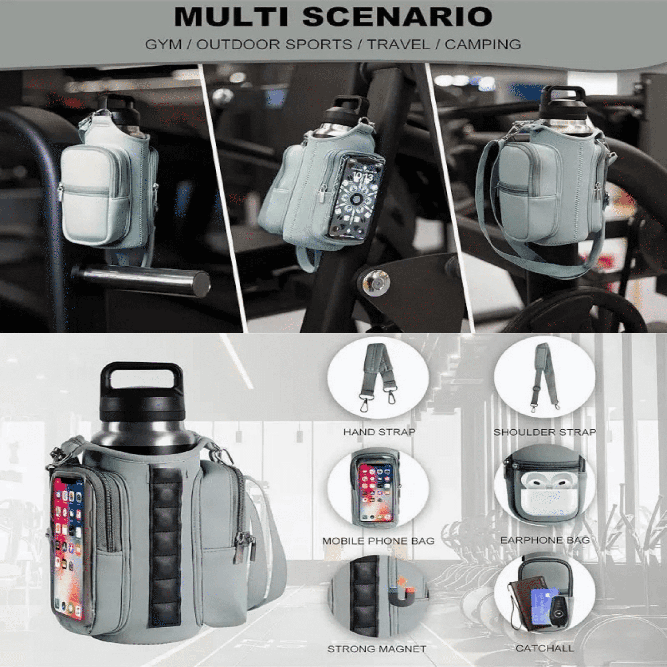 Magnetic Gym Water Bottle Bag with Transparent Window, Fits 21-40 oz Bottles