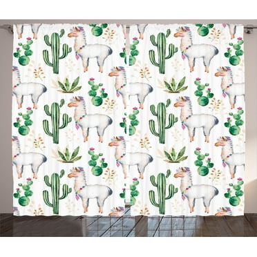 Ambesonne Desert Curtains 2 Panel Set, Llama Animal Pattern Cacti, 108" x 84", Multicolor