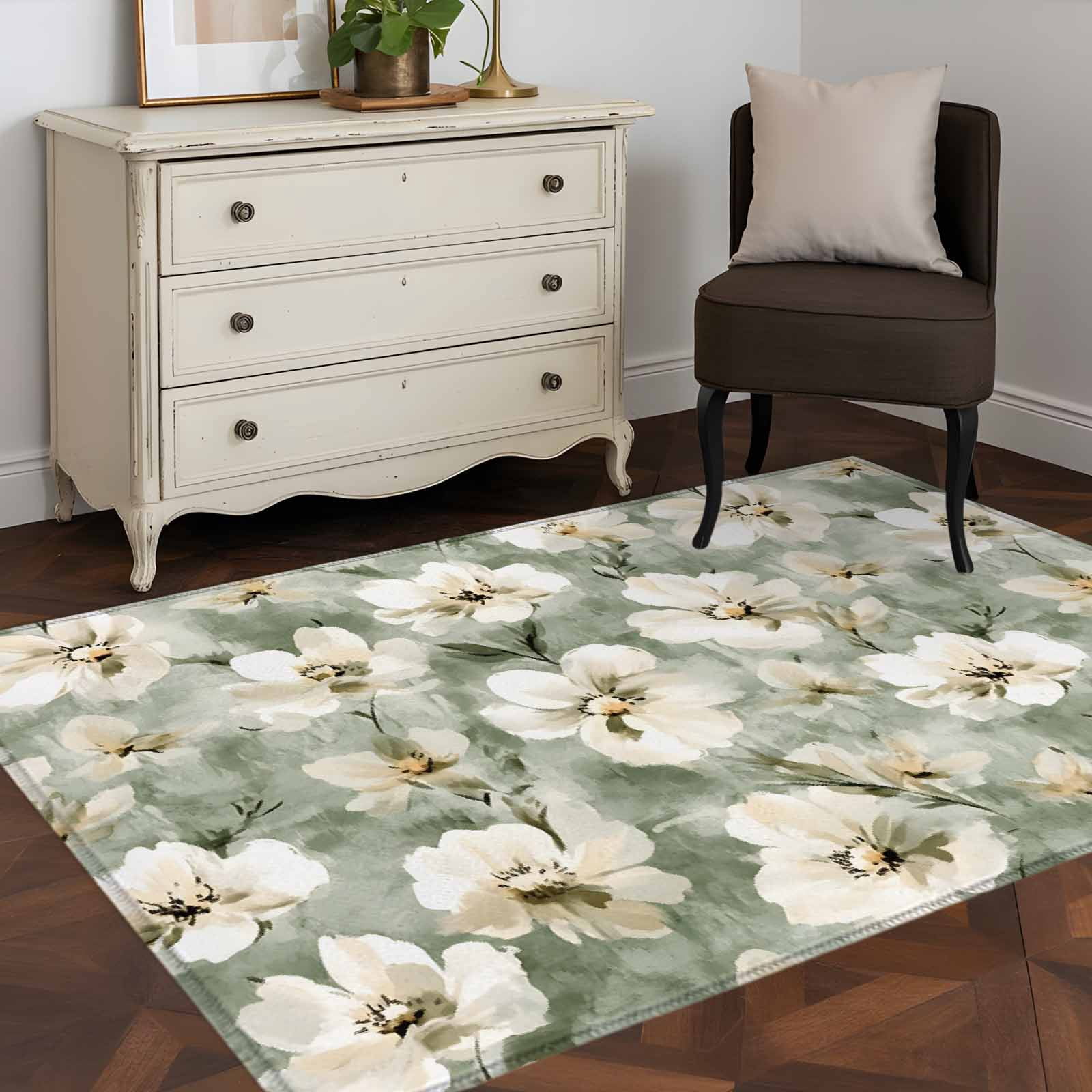 3'x5' Area Rugs, Sage Green Spring Floral Indoor Outdoor Area Rug for Living Room Bedroom, Summer Botanical Flowers Washable Bathroom Rugs Kitchen Floor Carpet Mats Home Decor Aesthetic