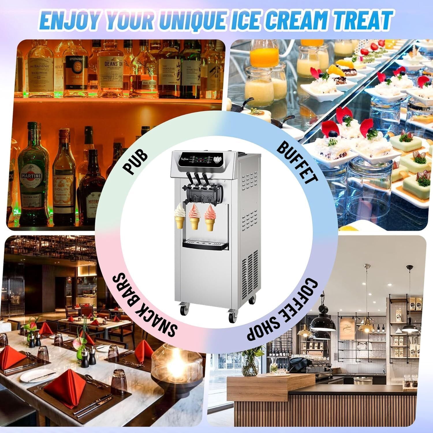 Sakiyr Commercial Ice Cream Maker Machine, 5.8-8 Gal/Hr Yield,2+1 Flavors Soft Serve Machine with Two 7L Hoppers, LCD Touch Screen, Automatic Cleaning for Home Snack Bar & Restaurants