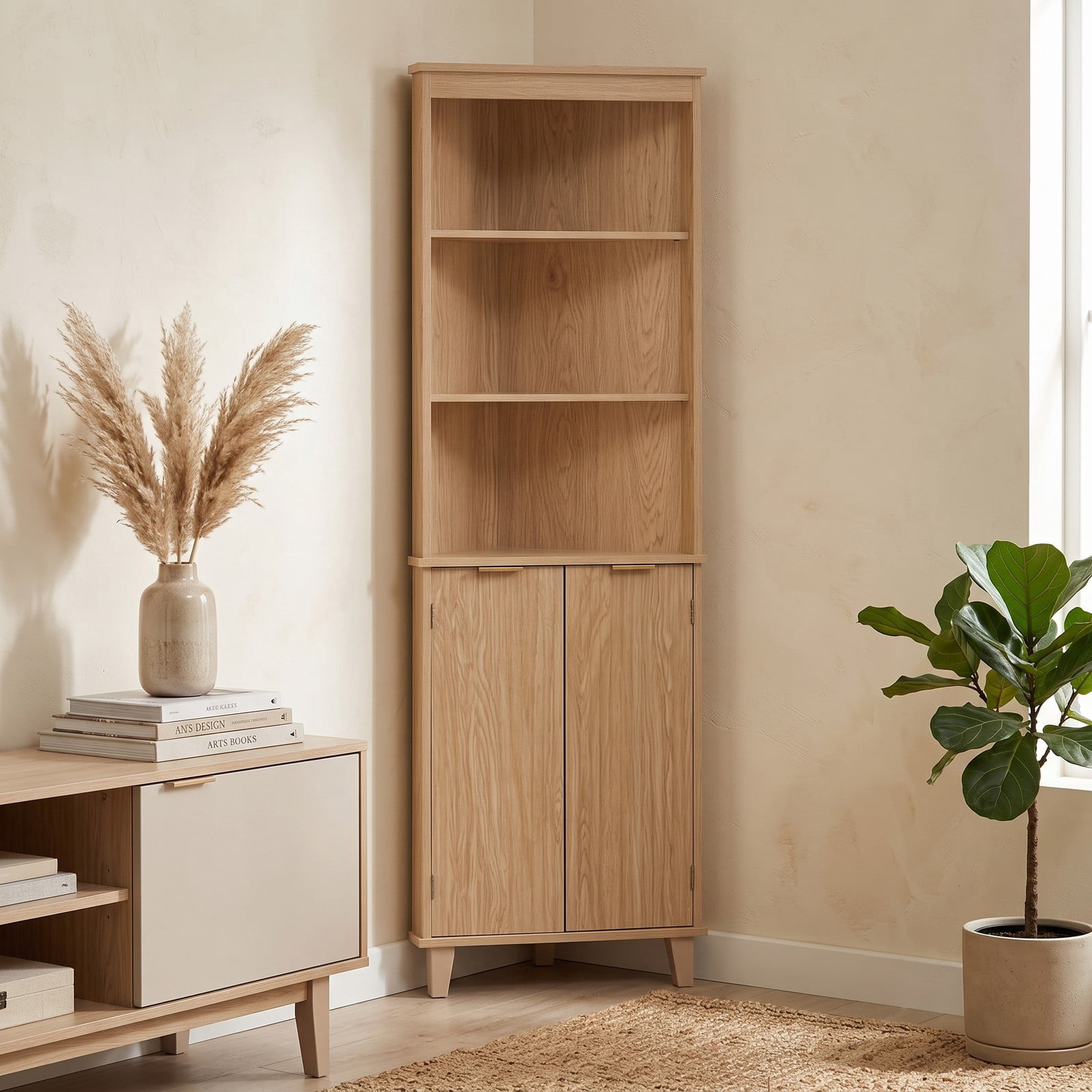 Fenbeli 68 Inch Tall Corner Cabinet with Fluted Doors, Freestanding Bathroom Floor Storage Cabinet with 3 Open Shelves and Enclosed Compartment, Anti-Tip Kit and, Oak