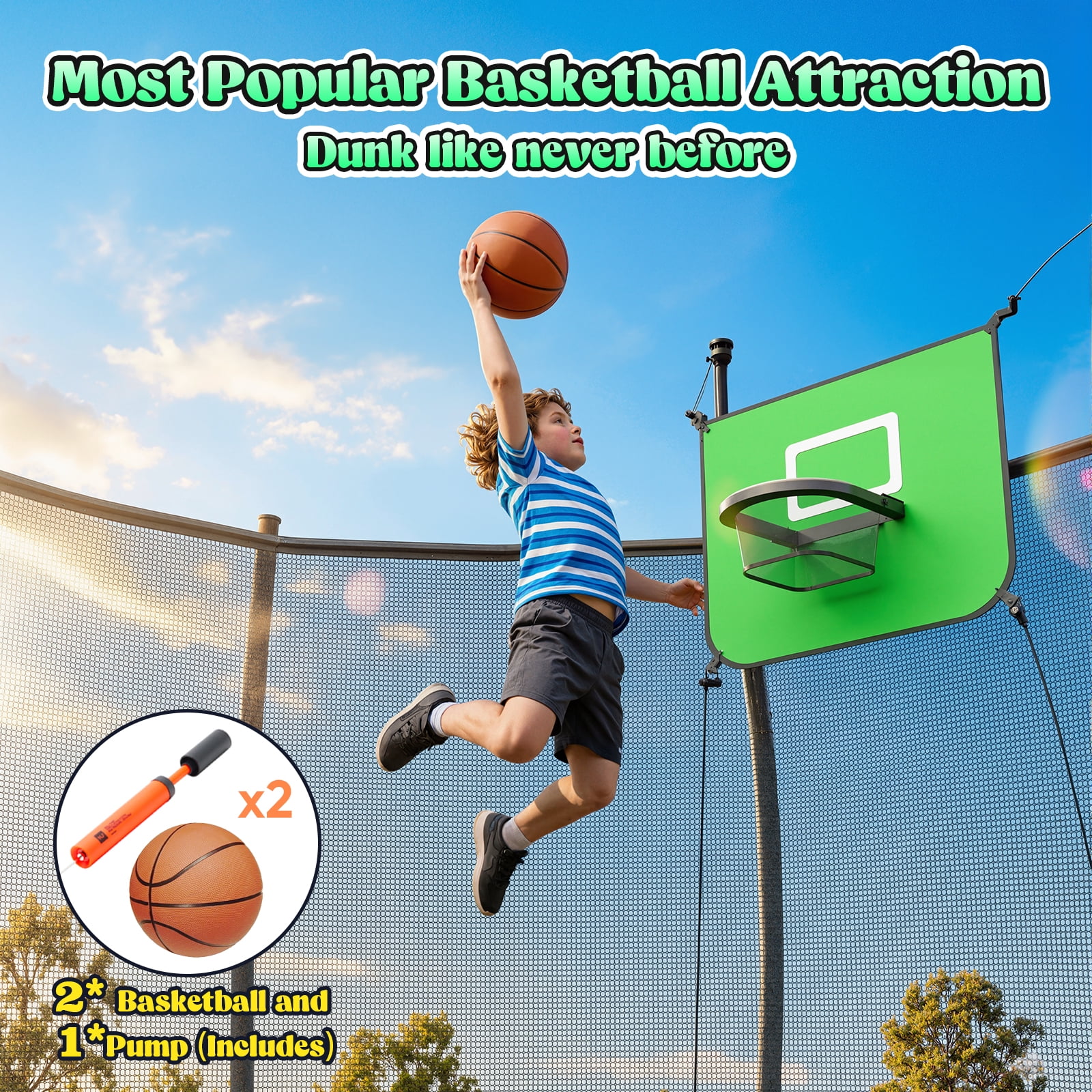 Outdoor Trampoline,Fashionsport Outfitters 8FT Round Jumping Trampoline with Ladder,String light,Sprinkler,Basketball Hoop Board,Recreational Backyard Trampolines Anti-Rust for Kids Gift