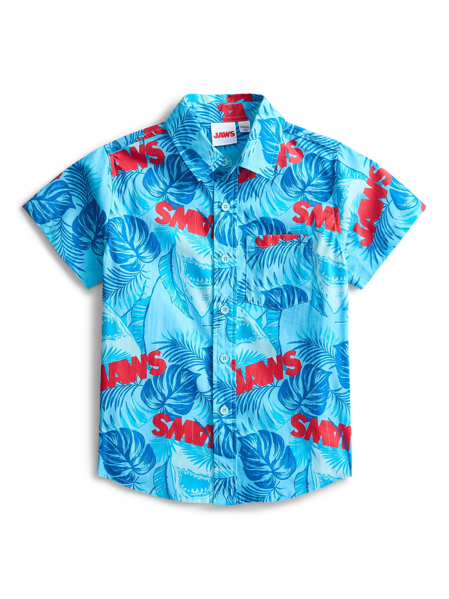 Jaws Boys Cotton Graphic Button Up Shirt with Short Sleeves, Sizes 4-18