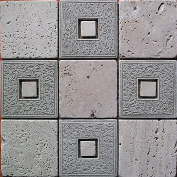 Intrend Tile 4 x 4 Classique Géo Travertin Carré Gris et Tan Mélangé