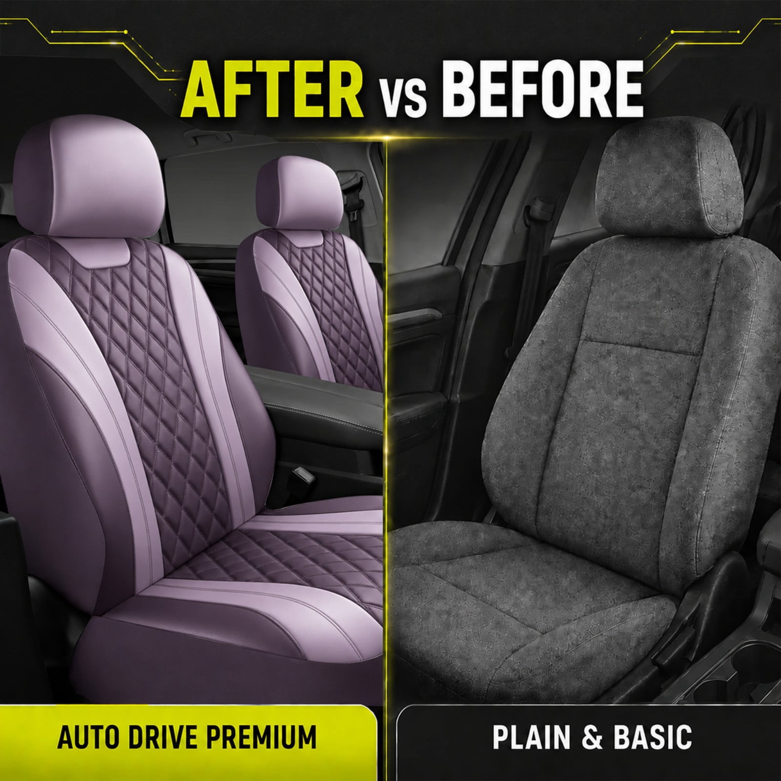 Auto Drive Car Seat Covers, Diamond Quilted Two-Tone Car Seat Covers Set, Universal Fit for Two Front Seats, Airbag Compatible for Cars, SUVs and Trucks Purple Front Seat