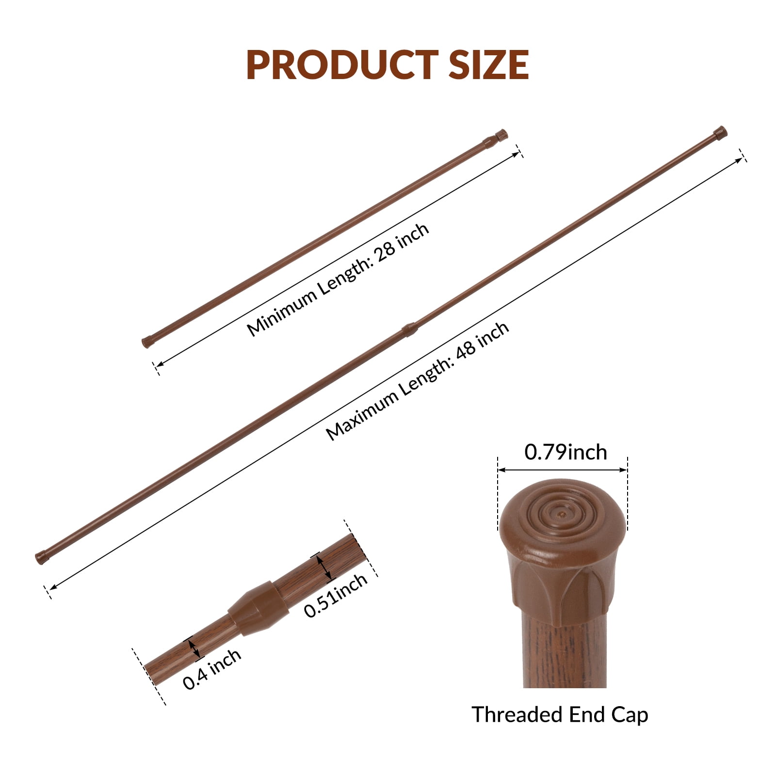 BEAMNOVA 6Pcs Tension Curtain Rod for Windows Cabinet Wardrobe Closet 28"-48" Adjustable, 1/2" Diameter, Brown
