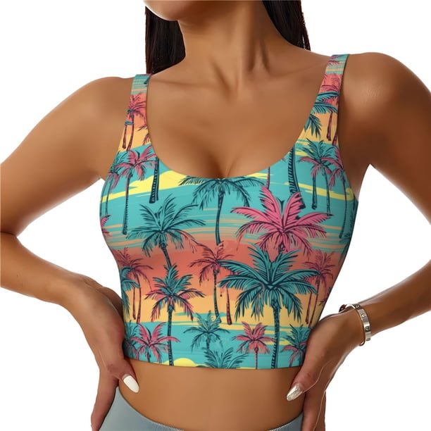 Fotbe Hawaii Palms Sujetador Deportivo Largo sin Aros para Mujer con Almohadillas y Soporte Medio, Transpirable y Absorbente, Camiseta Tipo Chaleco o Tank Top-Medium