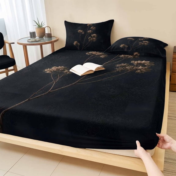 King Size Fitted Sheet Set - Dried Flowers 3 Piece Bedding Sets 16" Deep Pocket Fitted Sheet with 2 Pillowcases, Abstract Black Vintage Rustic Floral Brushed Microfiber Hotel Luxury Bed Sheets