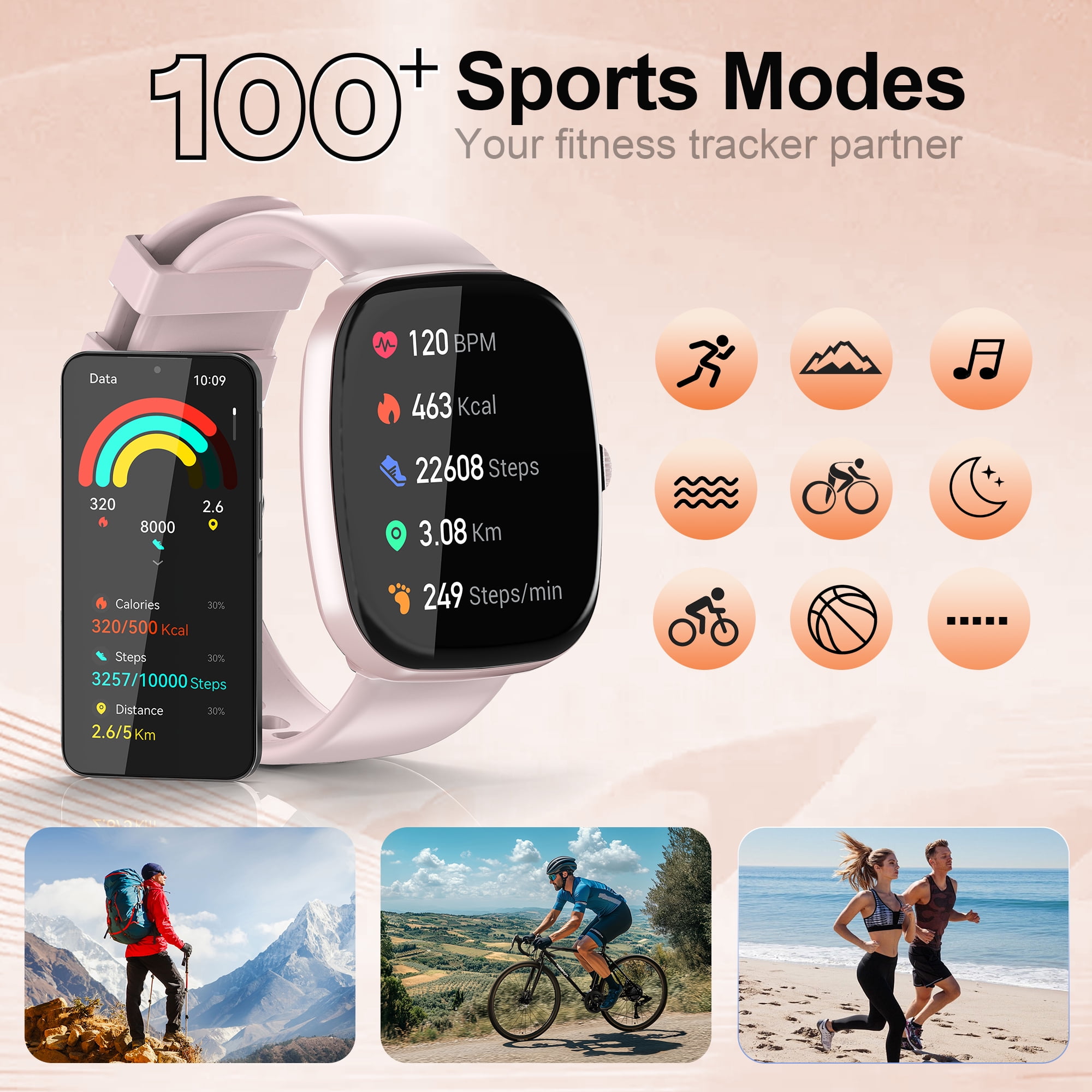 TPUFO Smart Watch Fits for iPhone and Android, 1.85-inch HD Fitness Tracker with Bluetooth Call Function, 120+ Sport Modes, IP68 Waterproof, Pink