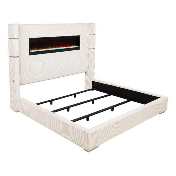 Pemberly Row 67-inch Fabric Upholstered Eastern King Fireplace Bed in Cream