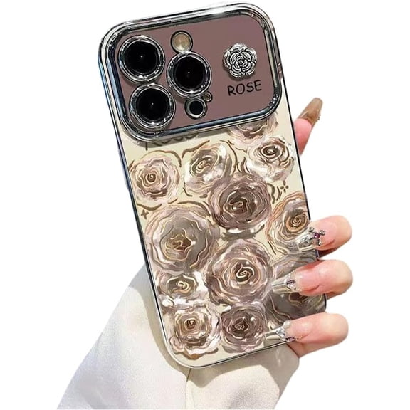 Designed for iPhone Case,Luxury Large Window View Rose Pattern Camera Lens Protection Shockproof Protective Cover Phone Case (iPhone 12,White)