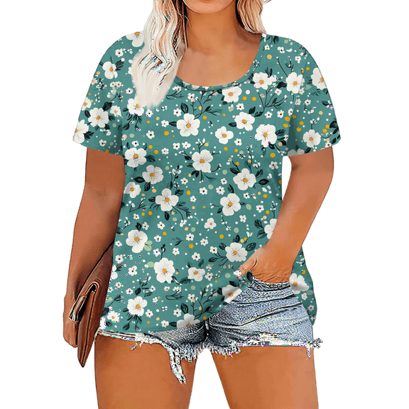 XADYUY Womens Plus Size Tops Summer Women's 4x Tops and Blouses Crew Neck Plus Size Tunic Tops Short Sleeves Dressy Casual Daisy Floral Graphic Tees 4x Womens Plus Size Clothes,XL