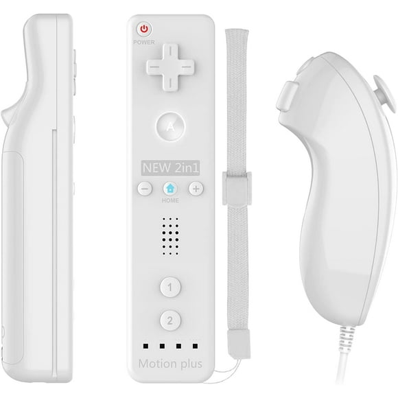 Manette Wii Compatible avec Nintend Wii, Wii U avec Motion Plus, 1 Paquet Télécommande Wii et Manette Nunchuck avec Étui en Silicone et Dragonne (Blanc)