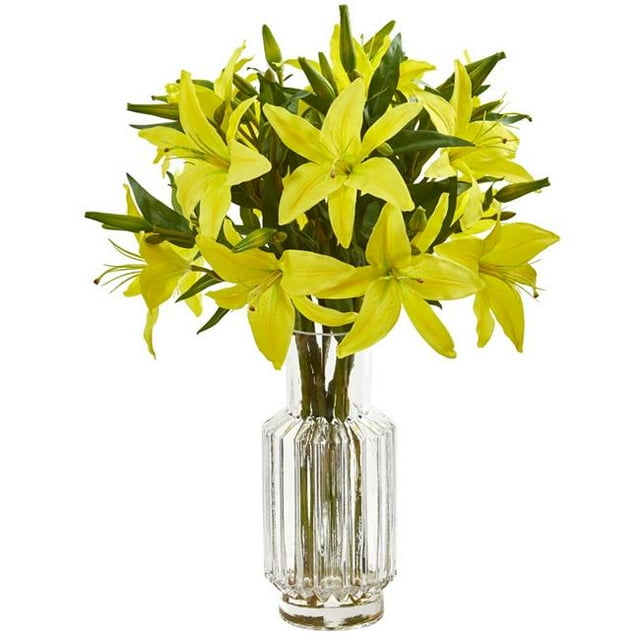 Nearly Natural 1868-YL Lilly Artificial Arrangement in Glass Vase - Yellow