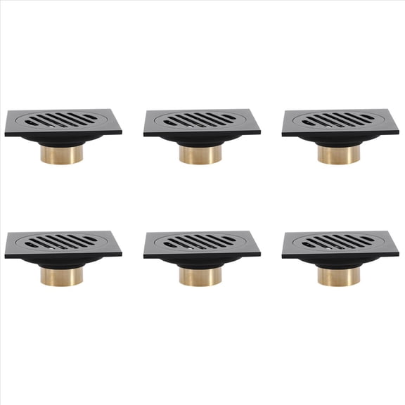 6pcs 4 Inch Square Shower Drain with Removable Cover Grate, Brass Anti Clogging and Odor Point Floor Drain Assembly,6 x Square Shower Drain,black