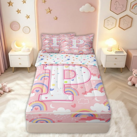 meiyoeat Rainbow Letter P Zipper Comforter Set with Fitted Sheet and 2 Pillowcases for Girls Kids, Cartoon Cloud Zipper Bedding Set for Bedroom, Pink, Colorful Star Reversible, 3pcs