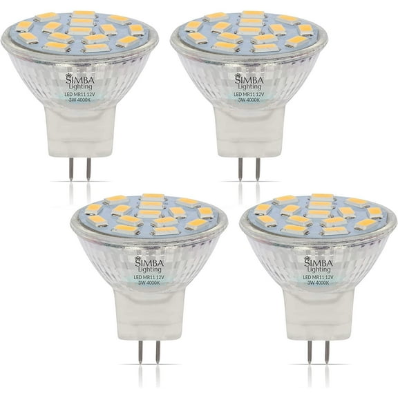 Simba Lighting LED MR11 3W 20W Halogen Replacement Light Bulbs 12V GU4 Bi-Pin 4000K Natural White 4-Pack
